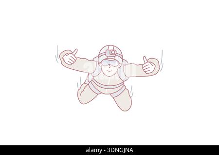 Man skydiver hangs in sky and shows two hands thumbs up after jumping from airplane. Sportsman keen on extreme hobby with camera fixed on forehead flies among clouds. Flat vector illustration Stock Vector