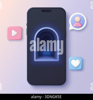 Futuristic 3d portal glowing inside smartphone screen, surrounded by social media icons, representing entering a new digital application space, vector illustration Stock Vector