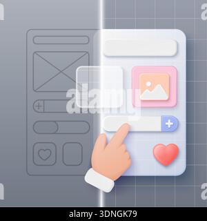 3d hand interacting with modern mobile app interface, showing prototype grid evolution from wireframe to colorful components for ux ui design and product development vector illustration Stock Vector