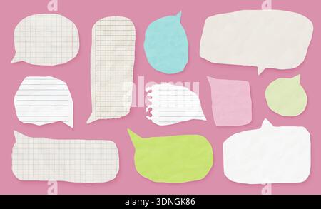 Collection of speech bubbles with torn paper textures, grid and lined patterns, ideal for school or creative communication designs, isolated on white background vector illustration Stock Vector