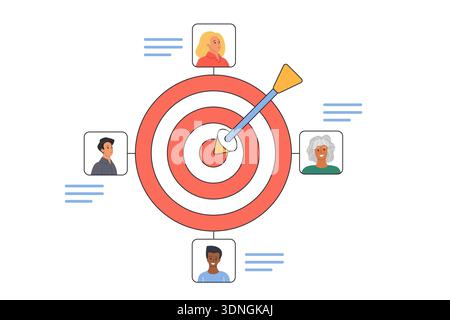 Illustration of a target with diverse customer profiles connected, representing audience demographics and marketing strategy, isolated on white background vector illustration Stock Vector