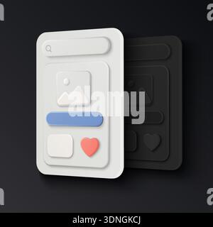 Modern 3D mobile UI card showing dark and light mode app interface with search bar, image preview, buttons and heart icon for creative app design vector illustration Stock Vector
