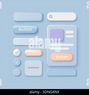 Modern UI grid system with neumorphic buttons, search bar, toggles, and app card layout for web and mobile interface design, soft pastel blue background vector illustration Stock Vector