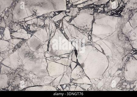 Polished marble surface displays an exquisite blend of gray and white hues, intertwined with striking veins. This artwork of nature invites admiration Stock Photo