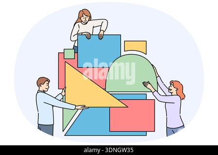 Business people put together puzzle in attempt to build reliable company that brings good profits. Students solve puzzle demonstrating teamwork and synergy increasing chances of success Stock Vector