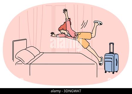 Happy woman tourist jumps on hotel bed, rejoicing at onset of vacation and opportunity to visit sunny resort. Girl with travel suitcase is in hotel and happily plops down on bunk to relax Stock Vector