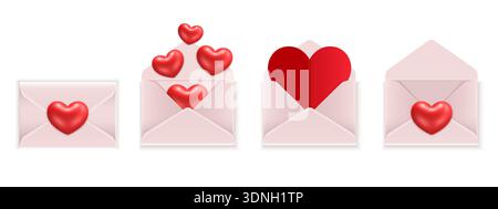 Featuring envelopes with 3D cartoon-style hearts. Stock Vector