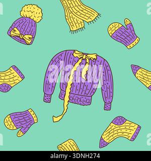 Cozy chunky knitwear seamless pattern. Hand drawn knitted clothes repeat background Stock Vector