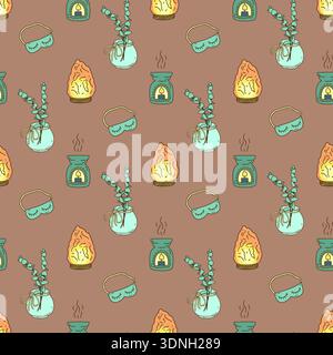 Cozy spa items seamless pattern. Hand drawn aromatherapy repeat background Stock Vector