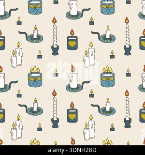 Wax candles seamless pattern. Hand drawn line art lanterns repeat background Stock Vector