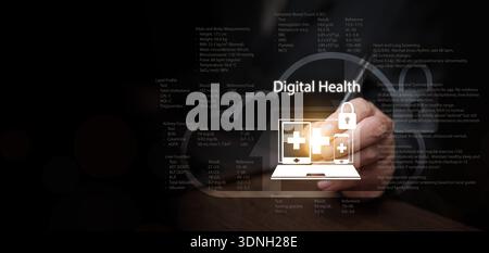 Digital health cloud computing concept. Man recording health data on icon. Secure medical device, healthcare datum interface, online patient monitorin Stock Photo