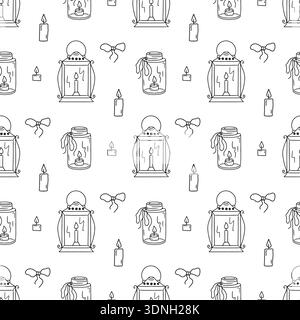 Wax candles seamless pattern. Hand drawn line art lanterns repeat background Stock Vector