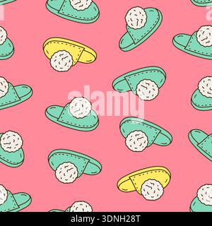 Cozy slippers seamless pattern. Hand drawn home footwear repeat background Stock Vector