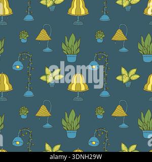 Cozy lamps and houseplants seamless pattern. Hand drawn home lighting repeat background Stock Vector