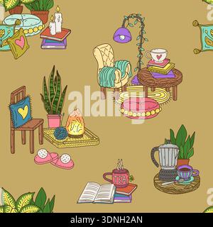 Cozy home furniture scenes seamless pattern. Hand drawn scandinavian lifestyle repeat background Stock Vector