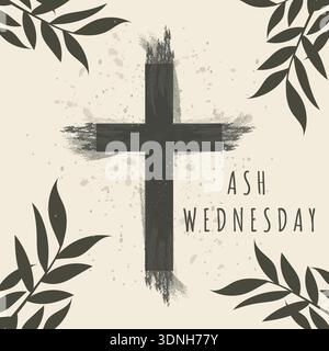 Ash Wednesday square post with black cross and dark tropical leaves vector illustration. Stock Vector
