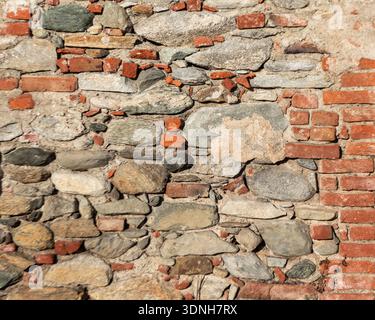 Weathered stone and brick masonry wall with rich textures and natural colors, ideal as an architectural background for design, restoration, and urban Stock Photo