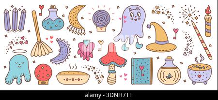 Color groovy witchy vector set. Vintage style isolated symbols. Whimsical characters, ghosts, magic elixirs, ball of predictions, etc. Vector retro cl Stock Vector