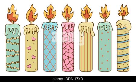 Color groovy retro long candles with abstract geometric patterns. Different decorative high candles with melted wax and flame. Colorful vintage clipar Stock Vector