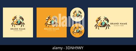Geometric crab logo set vector illustration for seafood restaurant and coastal brand. Stock Vector