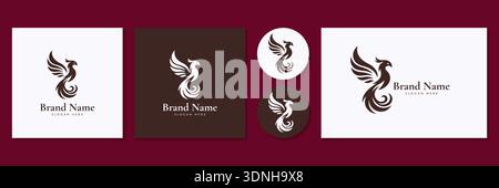 Phoenix logo set vector illustration for mythical bird and fire rebirth branding. Stock Vector