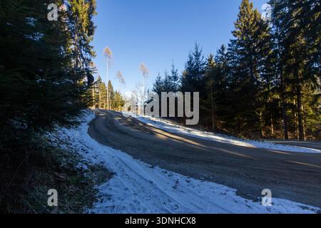 Curved road through the forest going up on to the mountain. Stock Photo