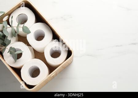 Toilet paper rolls in box and eucalyptus on white marble table, top view. Space for text Stock Photo