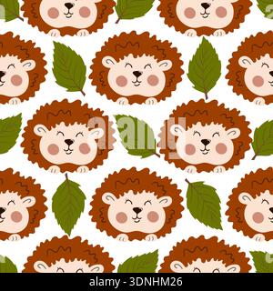 Multicolored autumn seamless pattern with berries. Autumn leaves and cute hedgehogs. Pattern Stock Vector