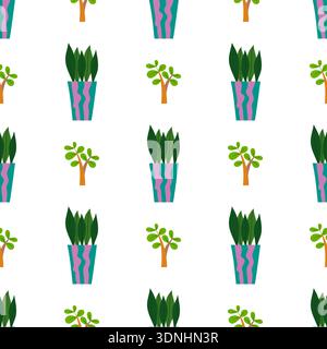Seamless pattern. Flat cacti houseplant background. Cactus fabric pattern, cute pots with faces Stock Vector