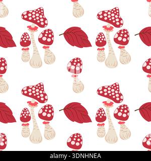 Cute autumn seamless pattern with mushrooms. Fairytale mushrooms and fly agarics. This pattern for kitchen Stock Vector