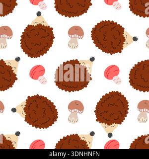 Cute autumn seamless pattern with mushrooms. Fairytale mushrooms and hedgehogs. This pattern is perfect for kitchen design, menus, wallpaper, textiles Stock Vector
