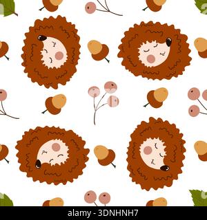 Multicolored autumn seamless pattern with berries. Autumn leaves and cute hedgehogs. Pattern for kitchen design Stock Vector