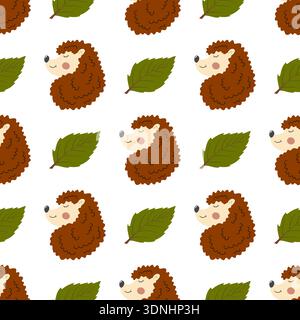 Autumn seamless pattern with berries. Autumn leaves, cute hedgehogs. Pattern Stock Vector