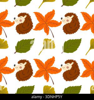 Autumn seamless pattern with berries. Autumn leaves, cute hedgehogs. Pattern for children's room Stock Vector