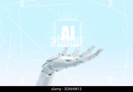 Robotic hand holding virtual AI microchip against light blue gradient background. Artificial intelligence technology Stock Photo