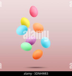 Easter eggs brightly dyed for holiday falling against red gradient background Stock Photo