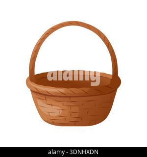 A brown wicker basket with a handle. Vector illustration. A household object for Easter themes, food and farming concepts, rural design, packaging, br Stock Vector