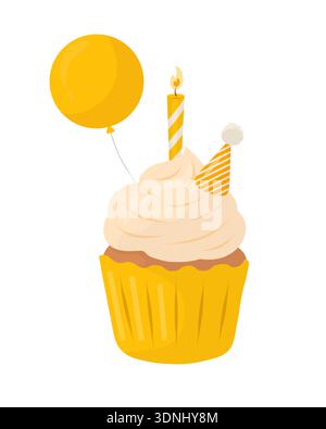 A yellow balloon, a party hat with a candle, and a cupcake with cream. Vector illustration in pastel colors. Birthday dessert icon isolated on a white Stock Vector