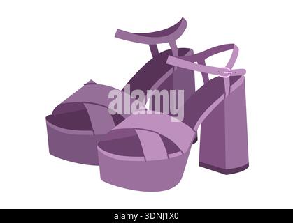Purple platform block heel sandal shoe women flat pair. Wide strap dress shoe fashion show look, urban style. Technical fashion illustration, CAD mockup, rich vector men unisex isolated modern style. Stock Vector