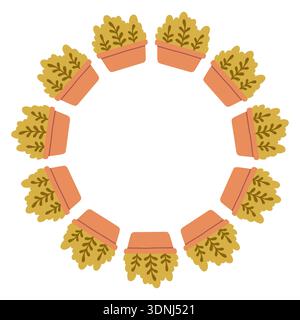 Cute circular frame made of potted plants with lush foliage. Flat hand drawn vector illustration isolated on white background, ideal for gardening Stock Vector