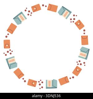 Cute gardening vector circular frame made of seed packets, pots, soil dots. Flat hand drawn illustration isolated on white background, perfect for Stock Vector