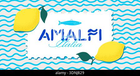 Amalfi summer pattern with yellow citrus lemons and Mediterranean blue sea tiles. Vintage Italian poster illustration with watercolor fruit, mosaic borders, and Positano beach picnic aesthetic. Stock Vector