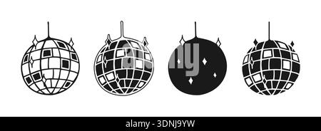 Disco ball illustration simple hand drawn doodle linear, silhouette, sketch style set. Shining mirror sphere with sparkle stars, retro nightclub mood, playful cartoon line art minimal graphic look Stock Vector