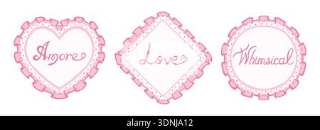 Elegant coquette frame illustration pink set hand drawn cloth ruffles lace borders. Whimsical romantic heart round square diamond shapes. Vintage Victorian mood delicate decorative art nostalgic charm Stock Vector