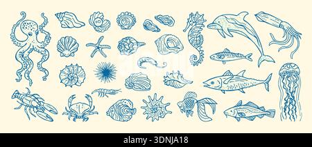 Hand drawn vector illustration set underwater marine life ink grunge sketch. Octopus seahorse nautilus shell fish crab, lobster starfish seashells grungy doodles. Modern sketch line coastal ocean mood Stock Vector