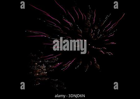 Fading fireworks trails at night: Long exposure shows glowing remnants forming animal-like shapes against deep black sky, soft colorful afterglow. Stock Photo