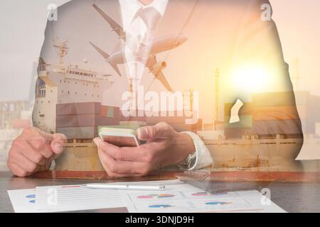 Double exposure of businessman working with smartphone, container cargo ship, cargo plane and airplane take off at sunset as business, communication, Stock Photo