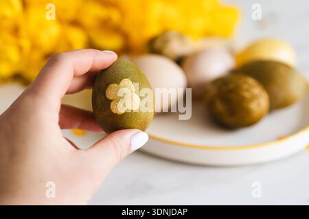 Minimalist Easter eggs dyed with natural colors. Happy Easter Day Stock Photo