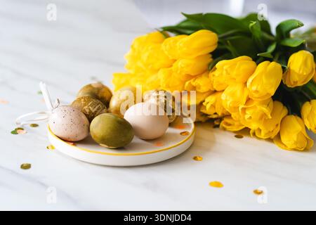 Minimalist Easter eggs dyed with natural colors. Happy Easter Day Stock Photo
