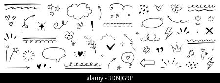 Hand drawn line heart, star, arrow element set. Line doodle sketch style cute heart, star sparkle, flower hand drawn brush pencil stroke. Arrow, emphasis surprise, cloud frames. Vector illustration Stock Vector